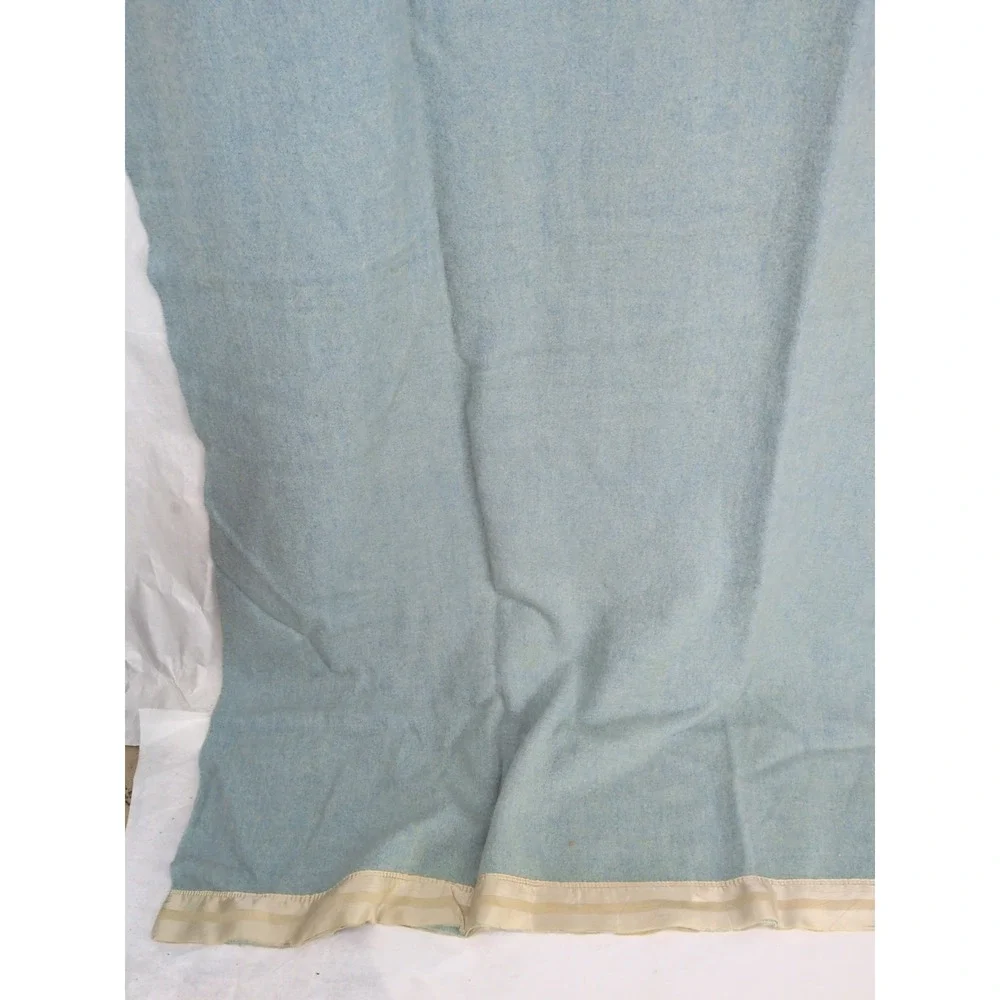 Vintage Kenwood Wool Satin Trim Teal Blue Blanket 73X84 In